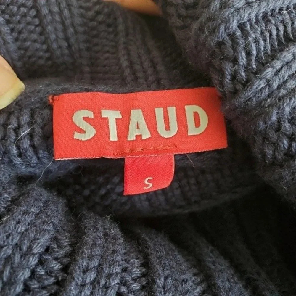 NEW STAUD Rocky Cut Out Navy Blue Basket Weave Turtleneck Sweater Size Small - Picture 7 of 8